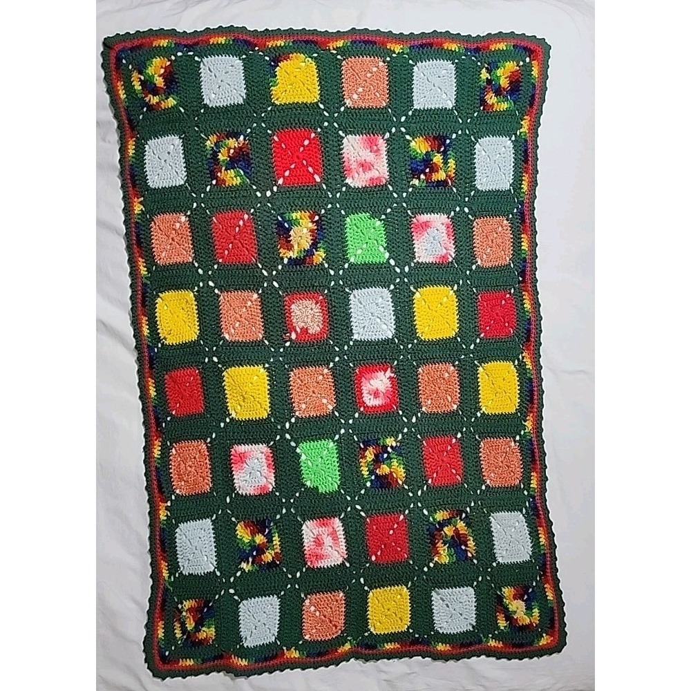 Crocheted Afghan, Handmade Granny Square, Primary Color Green, 36 X 52
